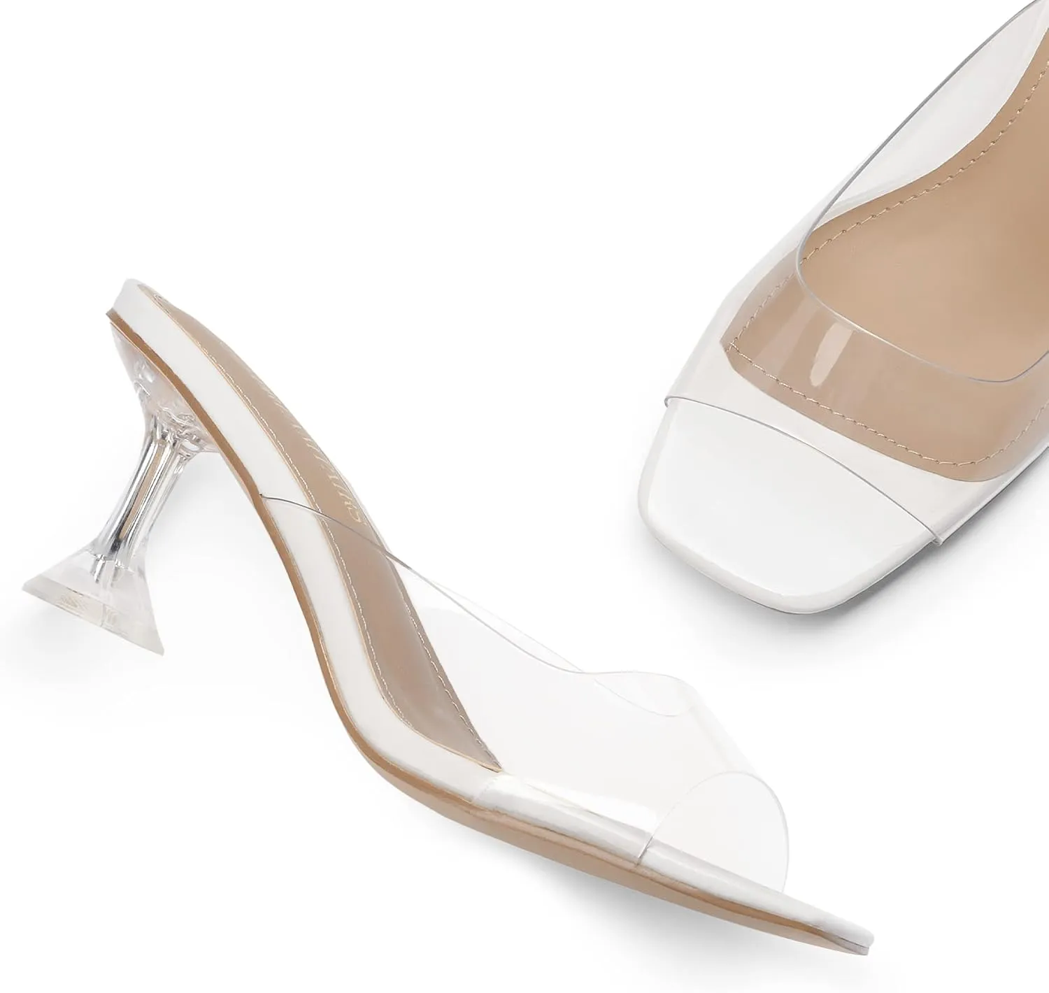 DREAM PAIRS Womens Clear Heels Square Toe High Stiletto Mules Slip on Wedding Dress Heel Sandals