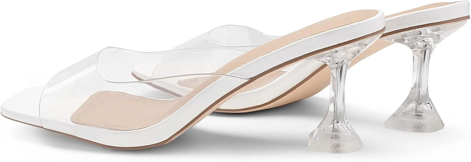 DREAM PAIRS Womens Clear Heels Square Toe High Stiletto Mules Slip on Wedding Dress Heel Sandals
