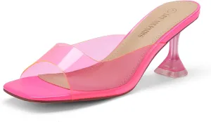 DREAM PAIRS Womens Clear Heels Square Toe High Stiletto Mules Slip on Wedding Dress Heel Sandals