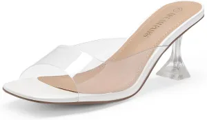 DREAM PAIRS Womens Clear Heels Square Toe High Stiletto Mules Slip on Wedding Dress Heel Sandals