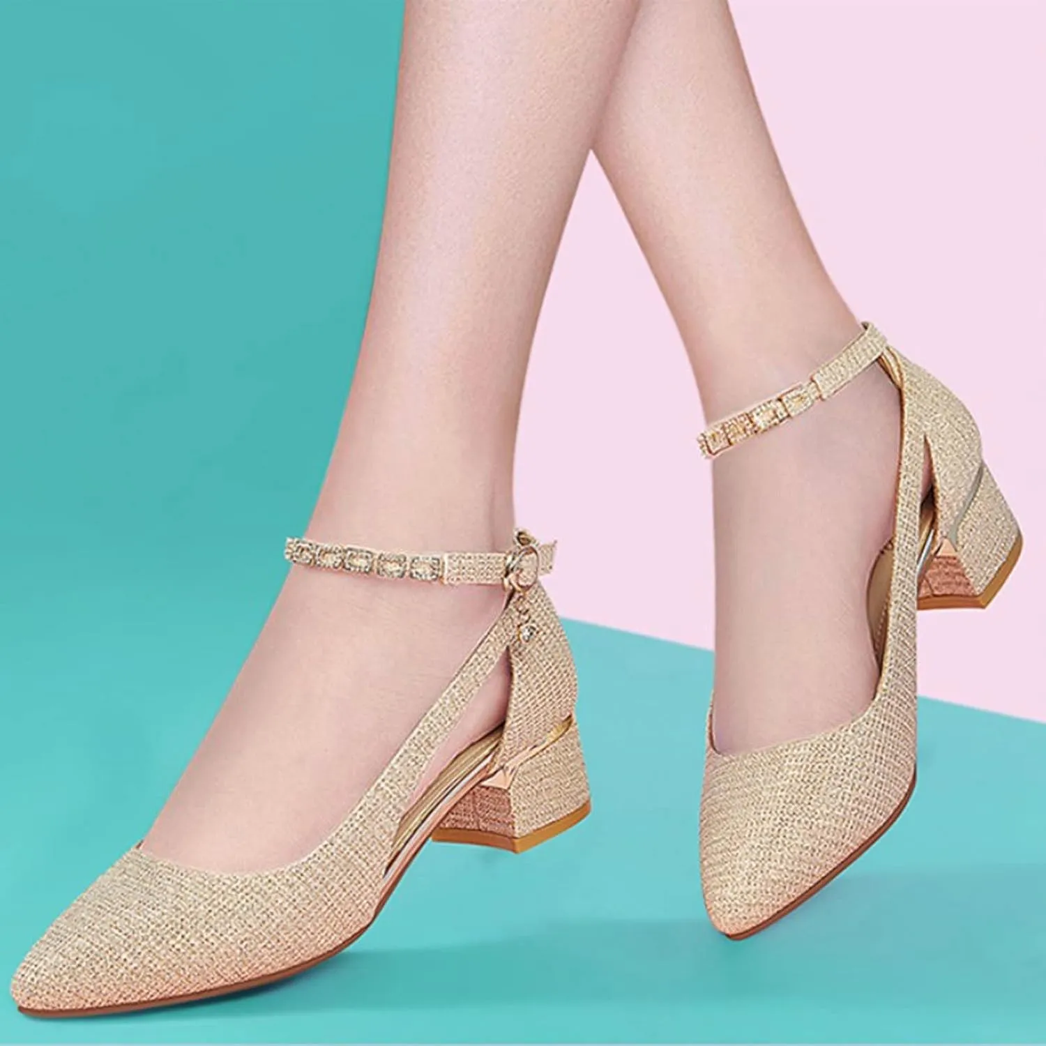Dress Block Medium Heel Party Pumps Elegant Ladies Closed Toe Ankle Strap High Heels for Girl Women