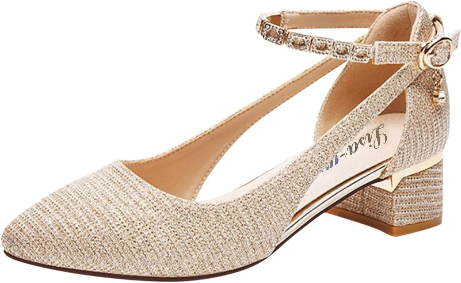 Dress Block Medium Heel Party Pumps Elegant Ladies Closed Toe Ankle Strap High Heels for Girl Women