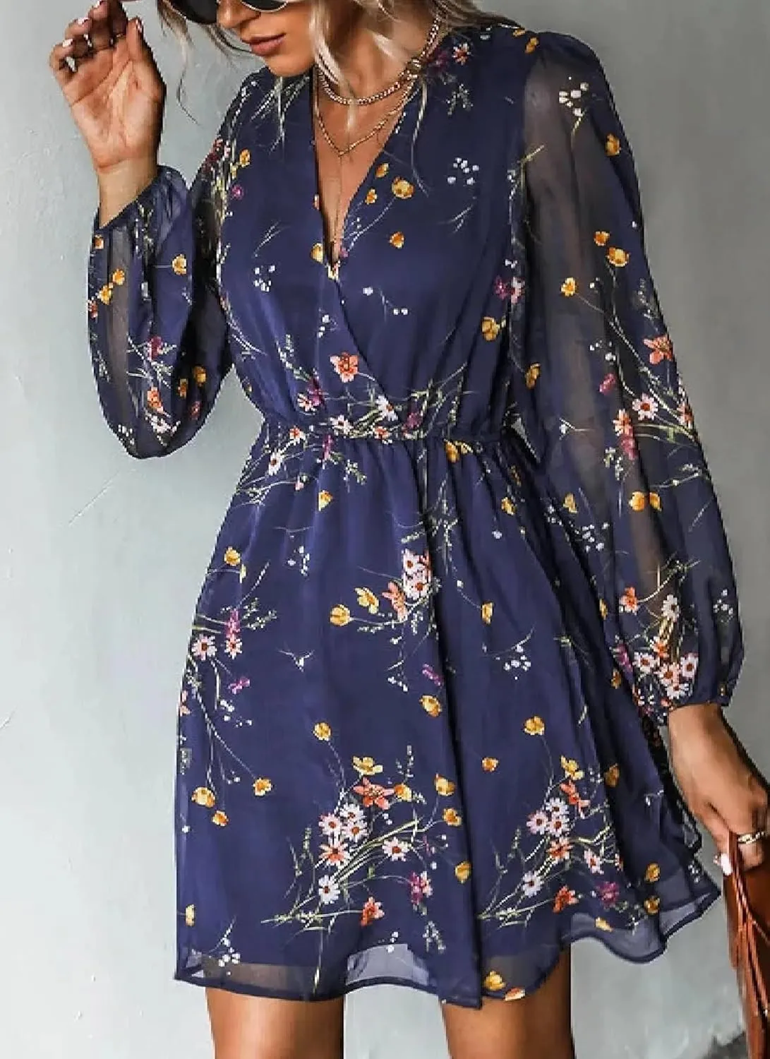 Dress for Women Long Sleeve Ruffle Floral Summer Deep V Neck 2025 Flowy Mini Dress