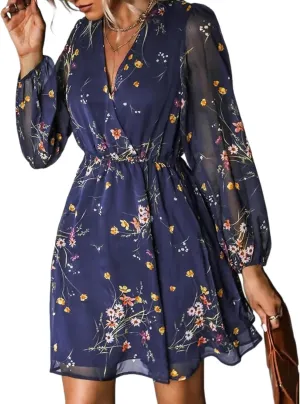 Dress for Women Long Sleeve Ruffle Floral Summer Deep V Neck 2025 Flowy Mini Dress