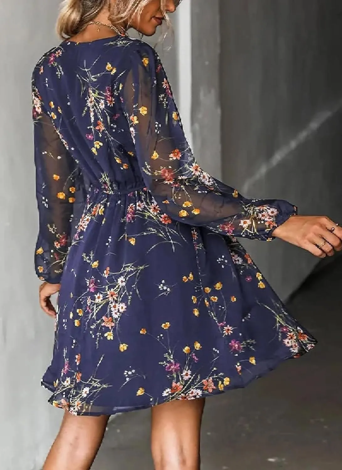 Dress for Women Long Sleeve Ruffle Floral Summer Deep V Neck 2025 Flowy Mini Dress