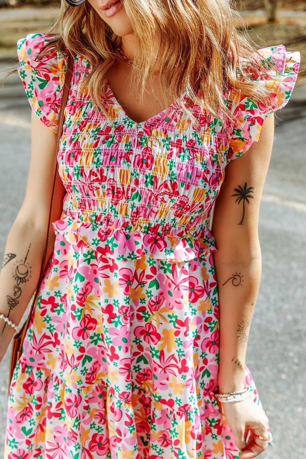 Ecosunny Dress for Women Multicolor Smocked Bodice Ruffle Trim Floral Dress