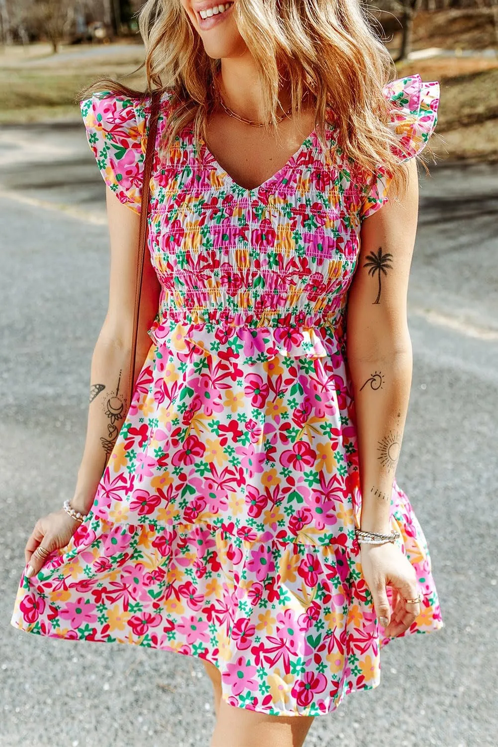 Ecosunny Dress for Women Multicolor Smocked Bodice Ruffle Trim Floral Dress