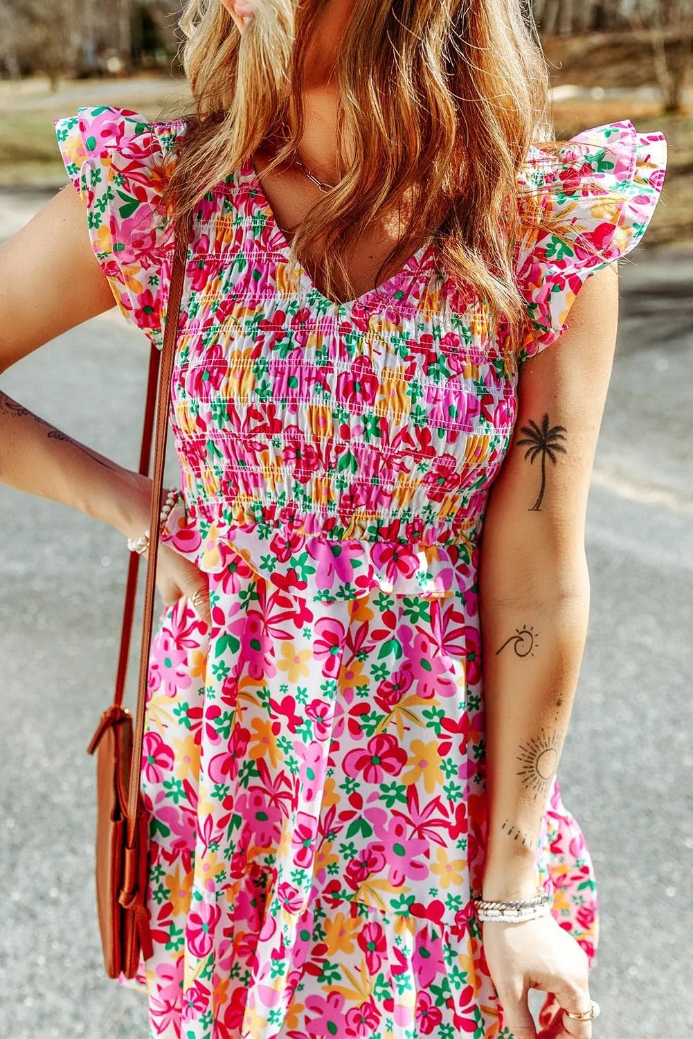 Ecosunny Dress for Women Multicolor Smocked Bodice Ruffle Trim Floral Dress