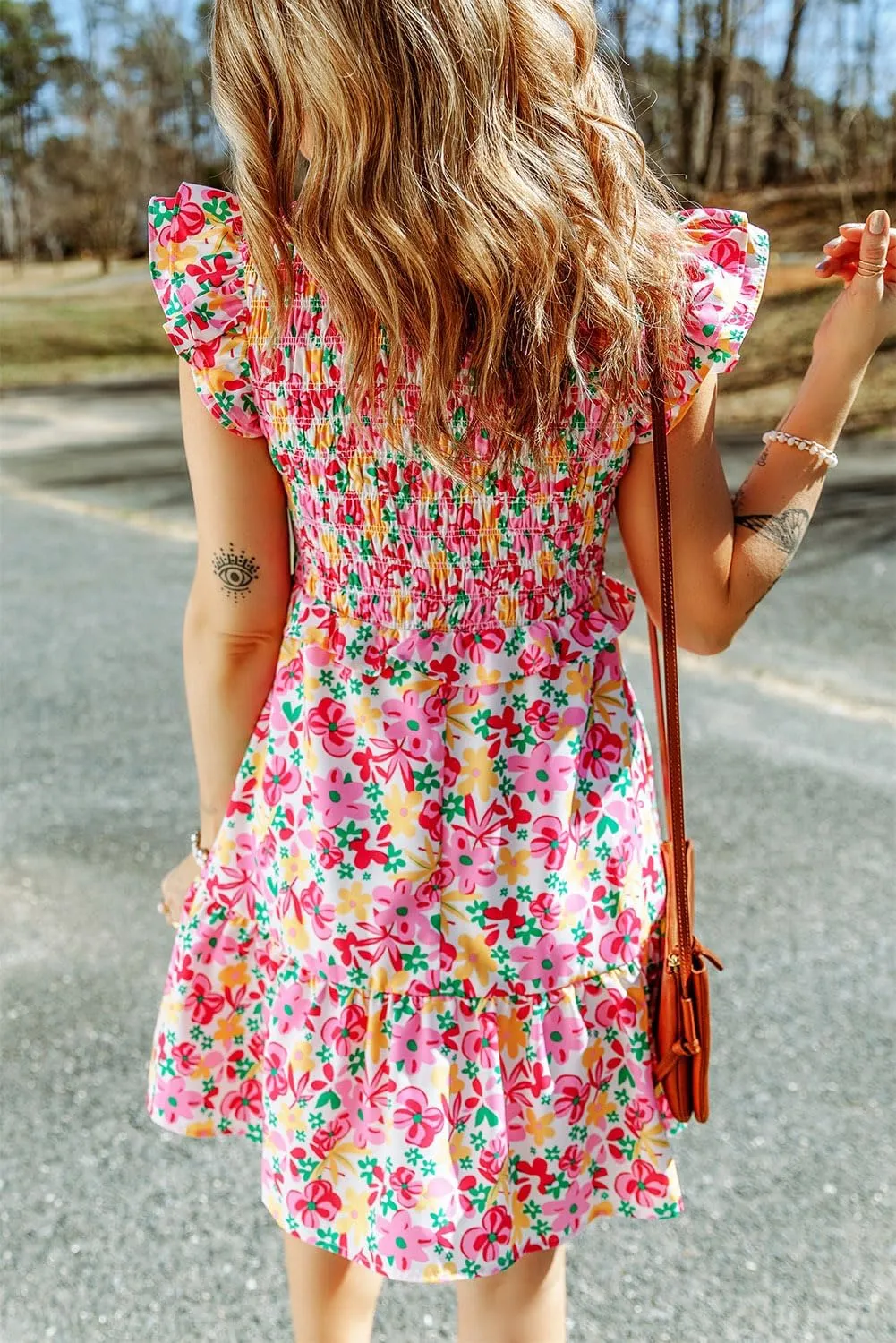 Ecosunny Dress for Women Multicolor Smocked Bodice Ruffle Trim Floral Dress