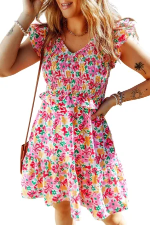 Ecosunny Dress for Women Multicolor Smocked Bodice Ruffle Trim Floral Dress