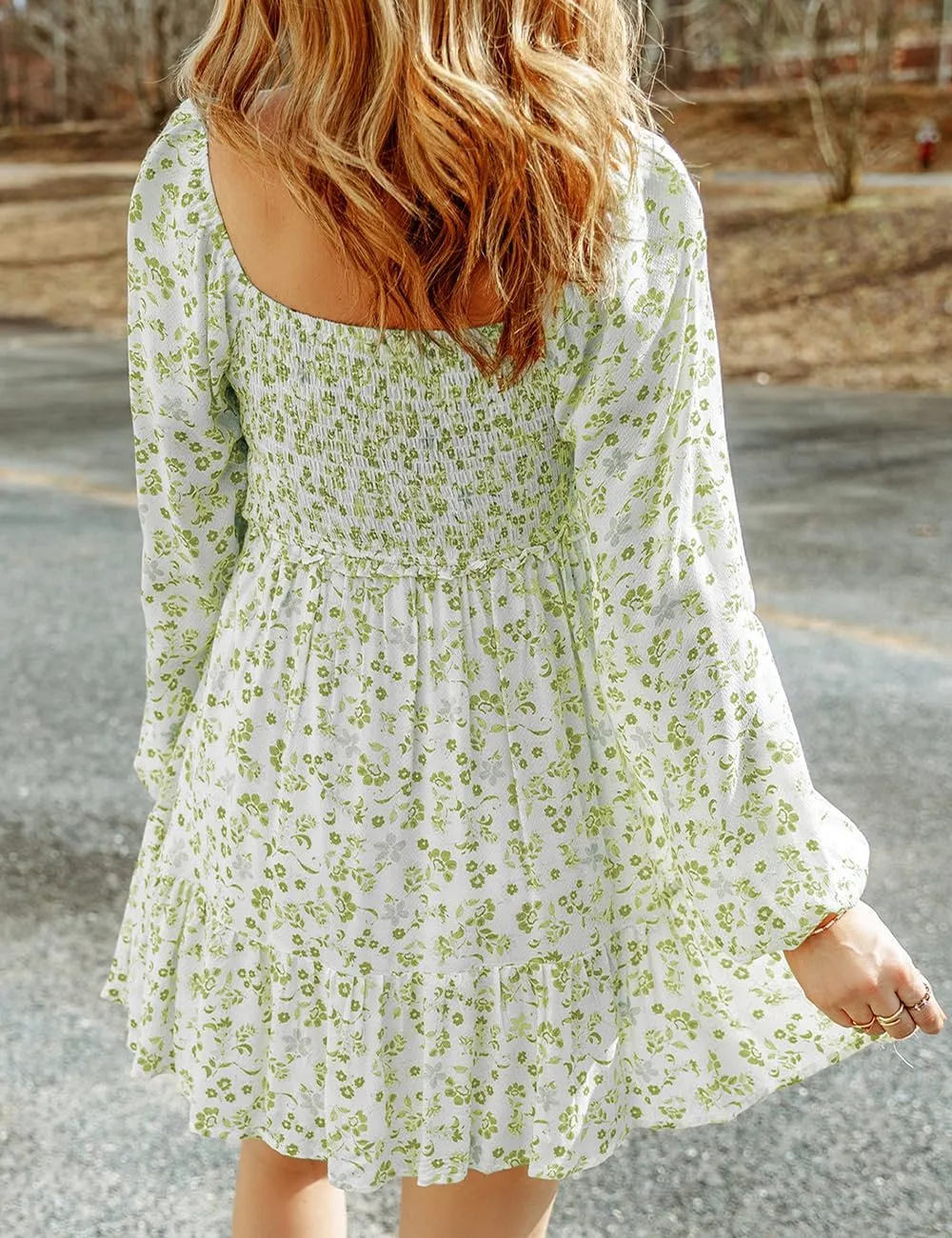 Ecosunny Women's Floral Smocked Square Neck Puff Sleeve Dress Causal Long Sleeve Ruffle Mini Dress