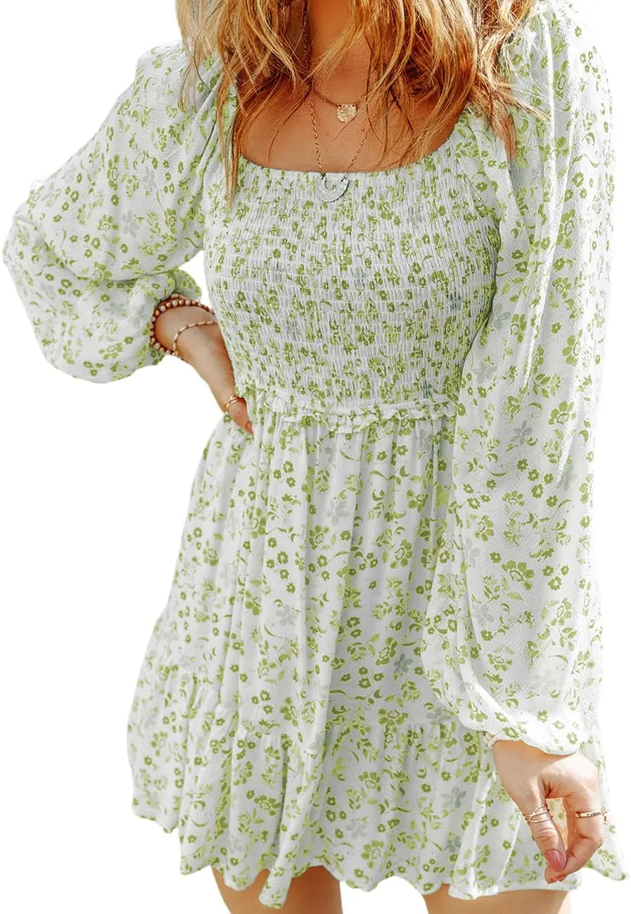 Ecosunny Women's Floral Smocked Square Neck Puff Sleeve Dress Causal Long Sleeve Ruffle Mini Dress