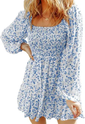 Ecosunny Women's Floral Smocked Square Neck Puff Sleeve Dress Causal Long Sleeve Ruffle Mini Dress
