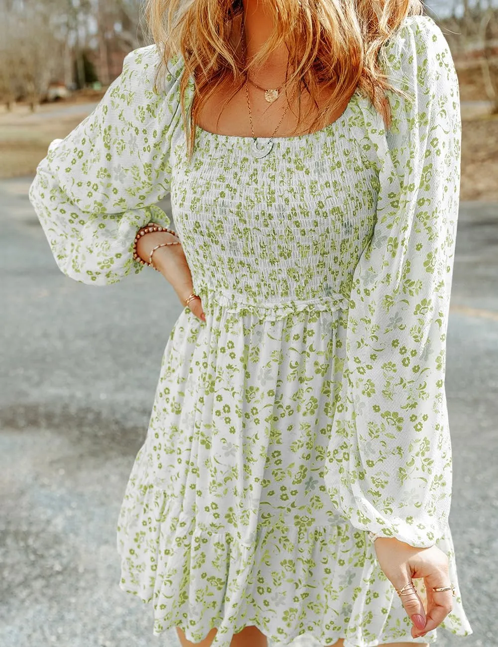 Ecosunny Women's Floral Smocked Square Neck Puff Sleeve Dress Causal Long Sleeve Ruffle Mini Dress