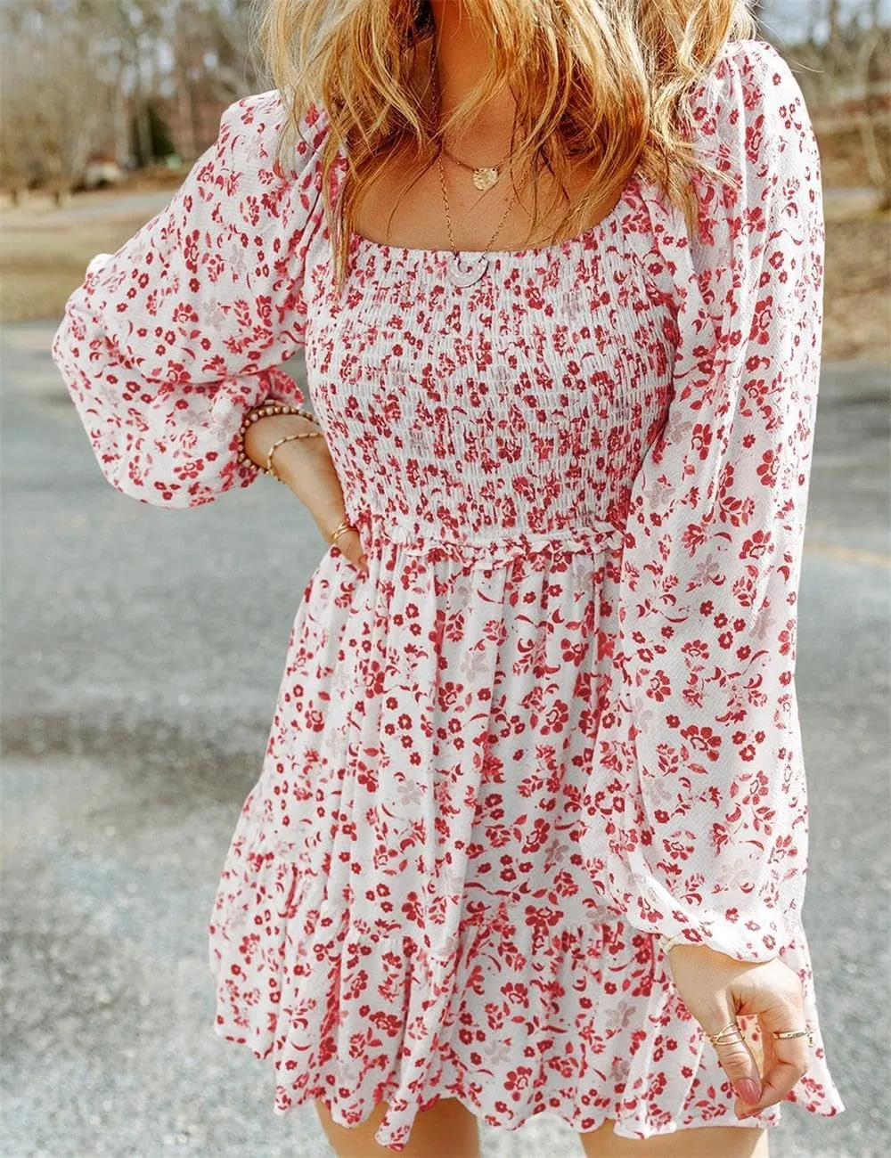 Ecosunny Women's Floral Smocked Square Neck Puff Sleeve Dress Causal Long Sleeve Ruffle Mini Dress
