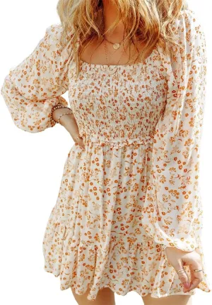 Ecosunny Women's Floral Smocked Square Neck Puff Sleeve Dress Causal Long Sleeve Ruffle Mini Dress