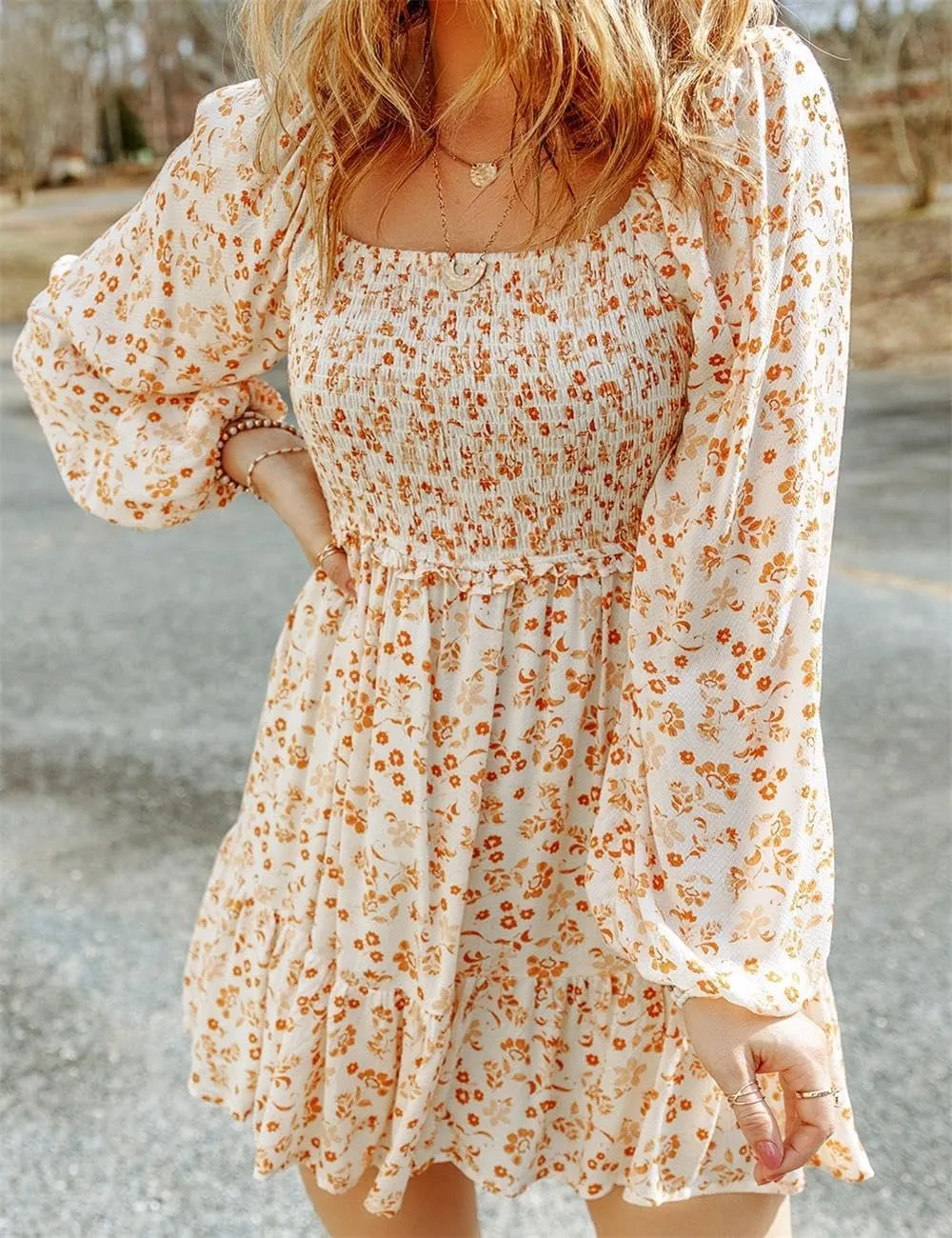 Ecosunny Women's Floral Smocked Square Neck Puff Sleeve Dress Causal Long Sleeve Ruffle Mini Dress