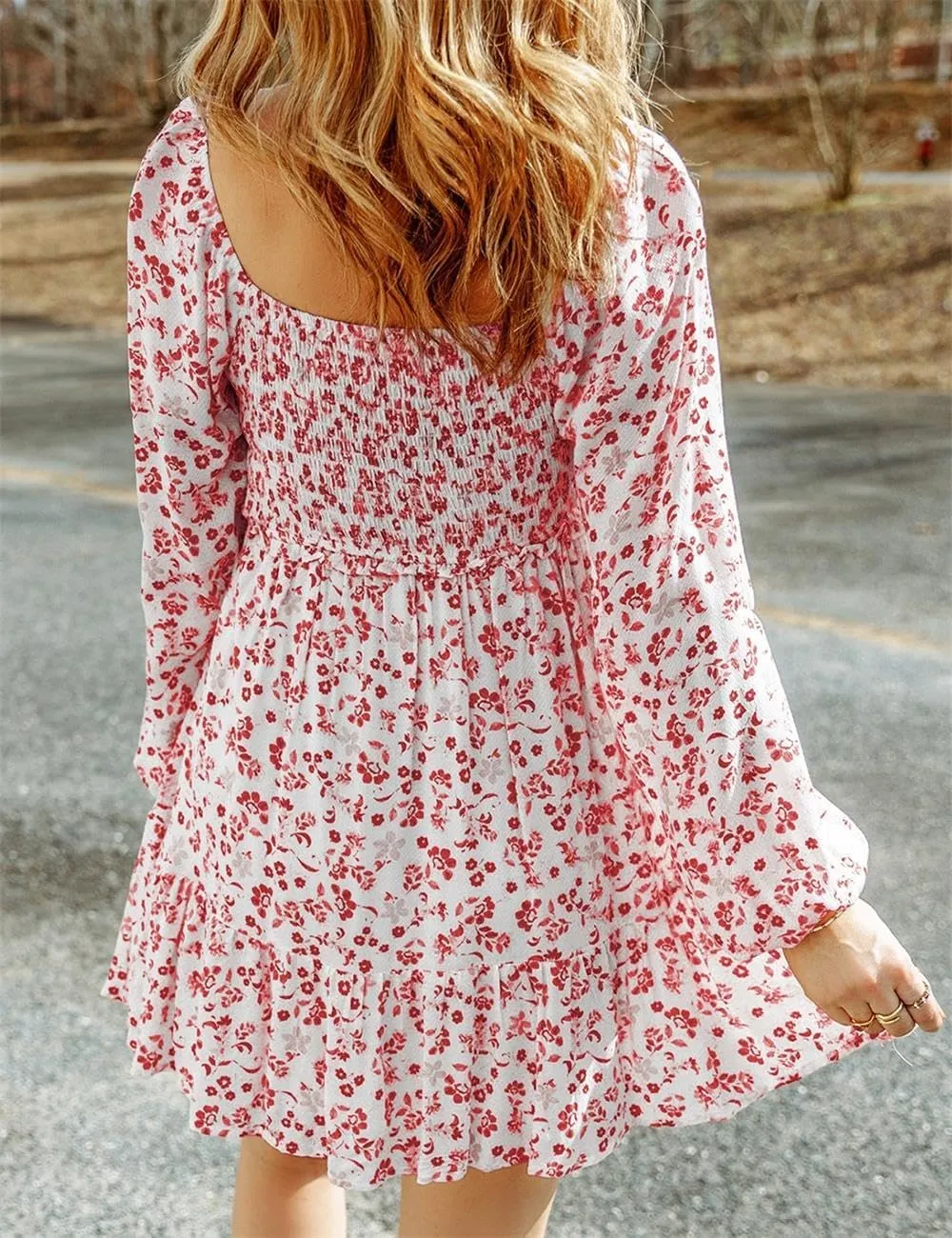 Ecosunny Women's Floral Smocked Square Neck Puff Sleeve Dress Causal Long Sleeve Ruffle Mini Dress