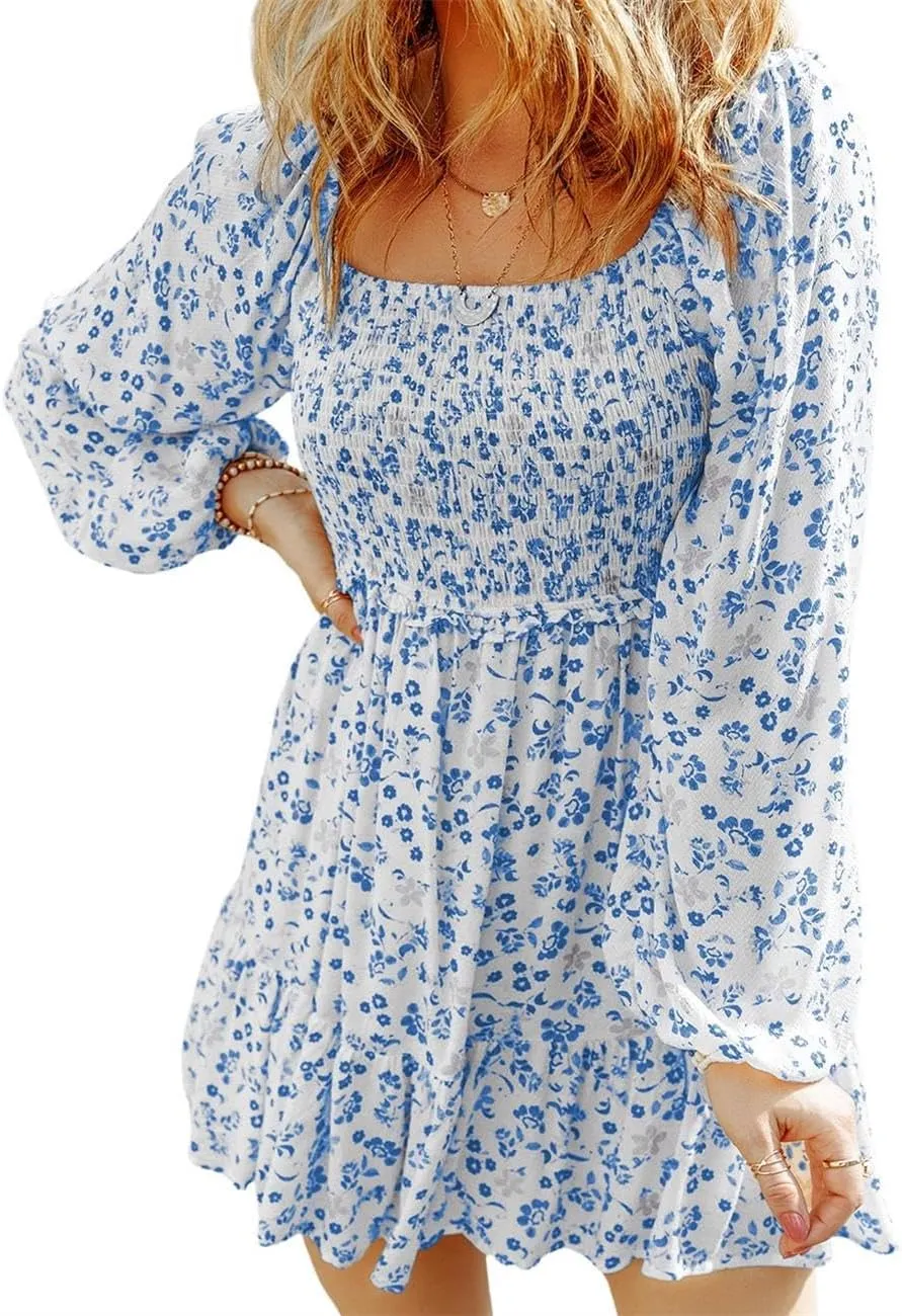 Ecosunny Women's Floral Smocked Square Neck Puff Sleeve Dress Causal Long Sleeve Ruffle Mini Dress
