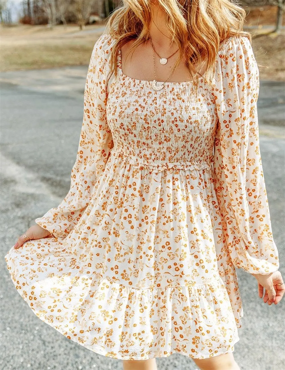 Ecosunny Women's Floral Smocked Square Neck Puff Sleeve Dress Causal Long Sleeve Ruffle Mini Dress