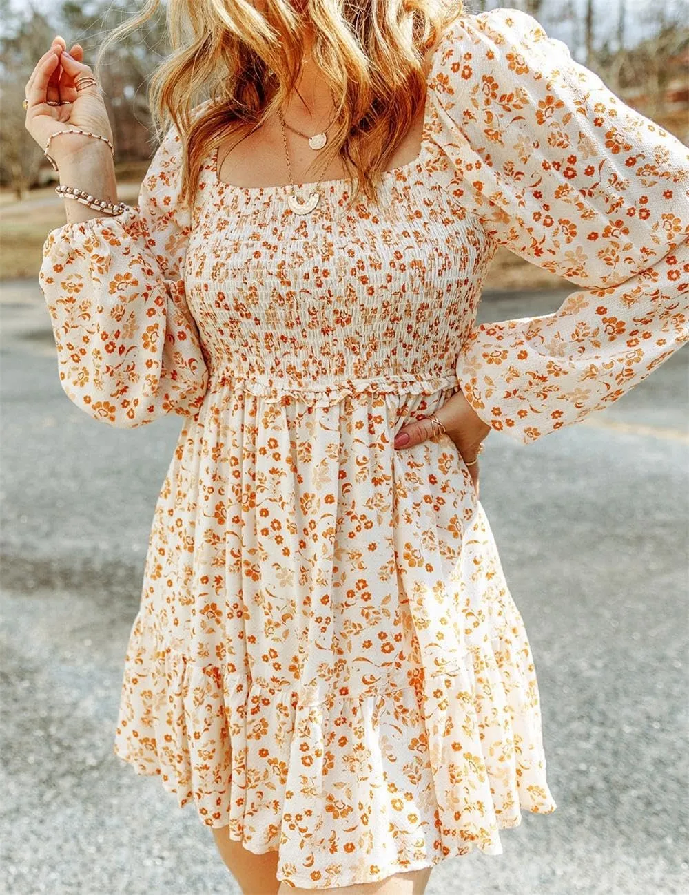 Ecosunny Women's Floral Smocked Square Neck Puff Sleeve Dress Causal Long Sleeve Ruffle Mini Dress