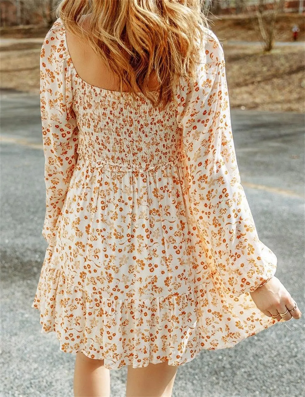 Ecosunny Women's Floral Smocked Square Neck Puff Sleeve Dress Causal Long Sleeve Ruffle Mini Dress