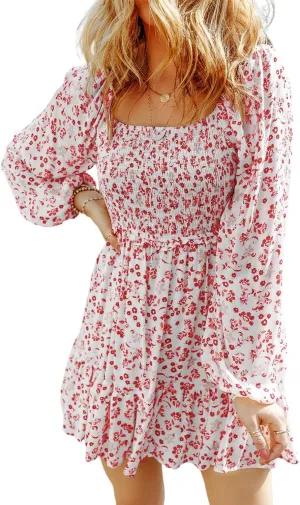 Ecosunny Women's Floral Smocked Square Neck Puff Sleeve Dress Causal Long Sleeve Ruffle Mini Dress