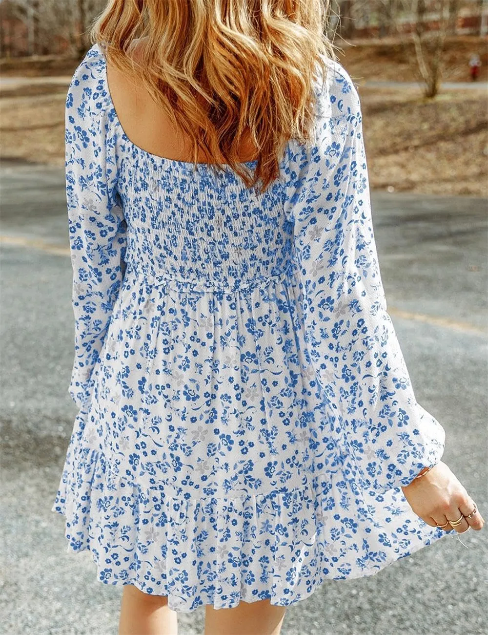 Ecosunny Women's Floral Smocked Square Neck Puff Sleeve Dress Causal Long Sleeve Ruffle Mini Dress