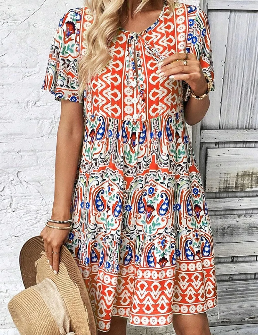 Ecosunny Women's Summer Boho Mini Dress Floral Print V Neck Short Sleeve Ruffle Flowy Loose Casual Babydoll Beach Dresses
