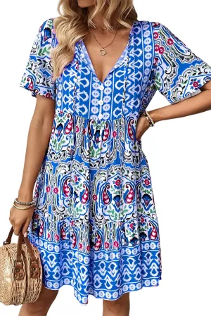 Ecosunny Women's Summer Boho Mini Dress Floral Print V Neck Short Sleeve Ruffle Flowy Loose Casual Babydoll Beach Dresses