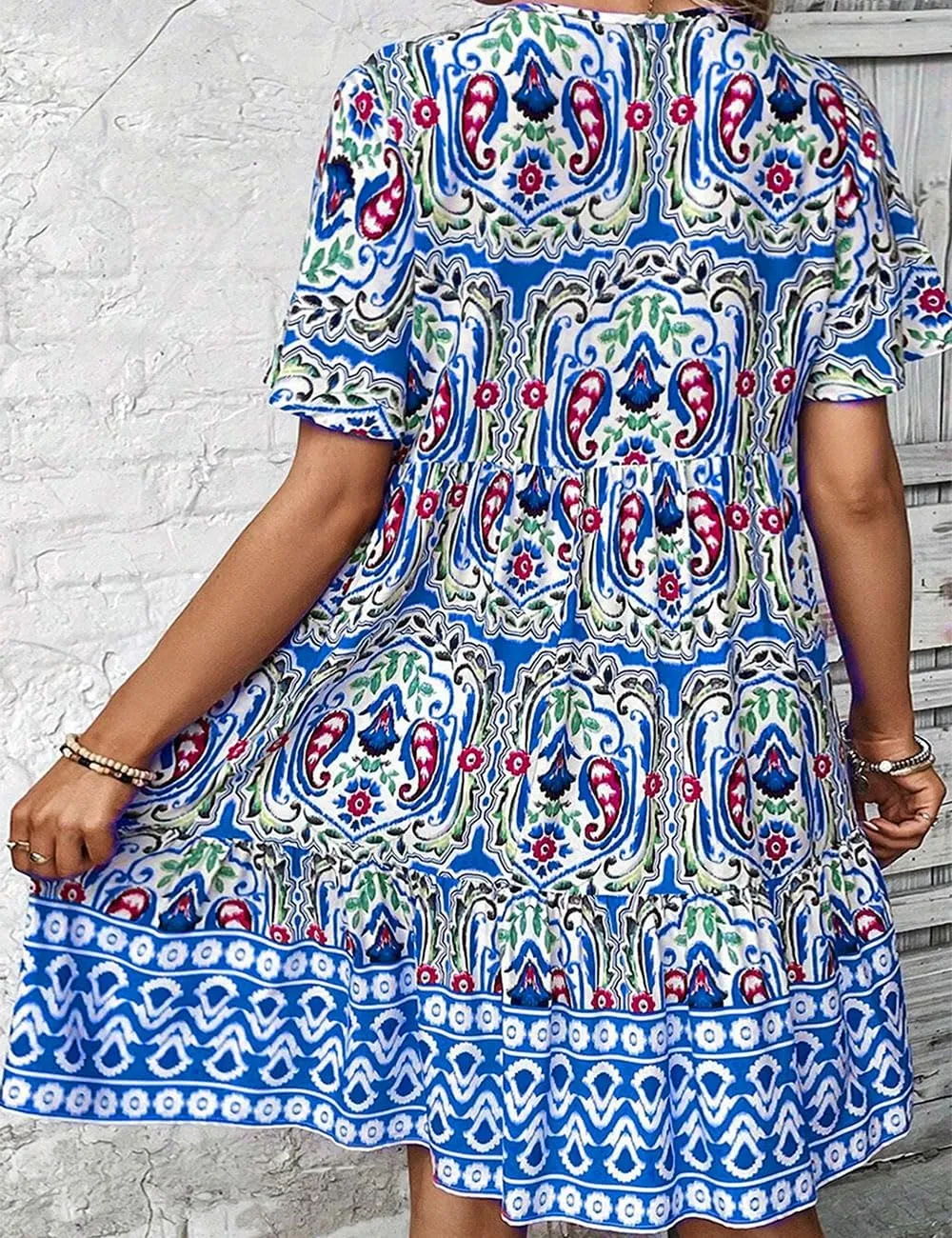 Ecosunny Women's Summer Boho Mini Dress Floral Print V Neck Short Sleeve Ruffle Flowy Loose Casual Babydoll Beach Dresses