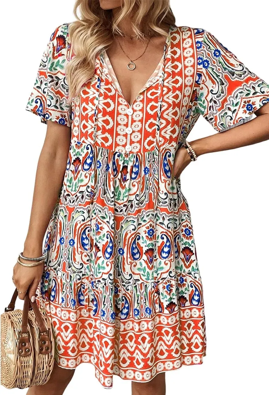 Ecosunny Women's Summer Boho Mini Dress Floral Print V Neck Short Sleeve Ruffle Flowy Loose Casual Babydoll Beach Dresses