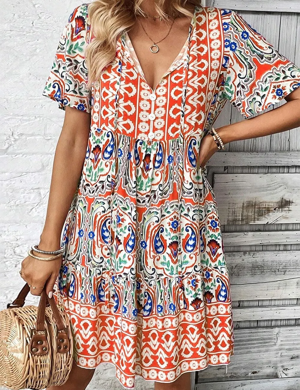 Ecosunny Women's Summer Boho Mini Dress Floral Print V Neck Short Sleeve Ruffle Flowy Loose Casual Babydoll Beach Dresses