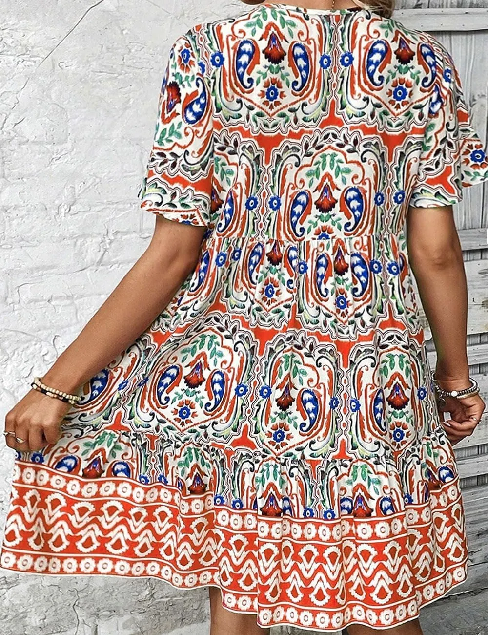 Ecosunny Women's Summer Boho Mini Dress Floral Print V Neck Short Sleeve Ruffle Flowy Loose Casual Babydoll Beach Dresses