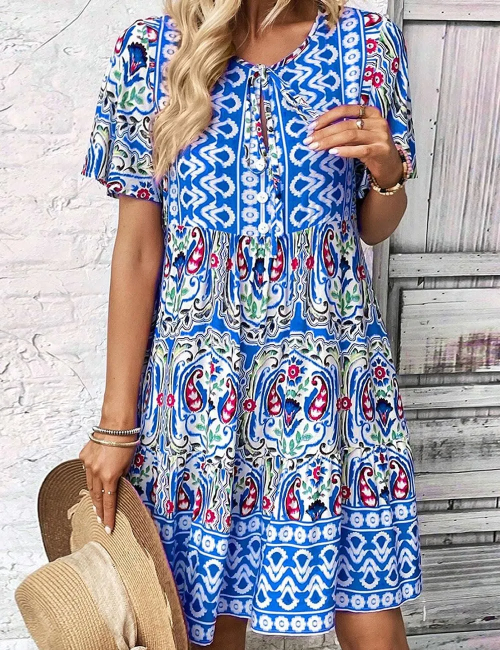 Ecosunny Women's Summer Boho Mini Dress Floral Print V Neck Short Sleeve Ruffle Flowy Loose Casual Babydoll Beach Dresses