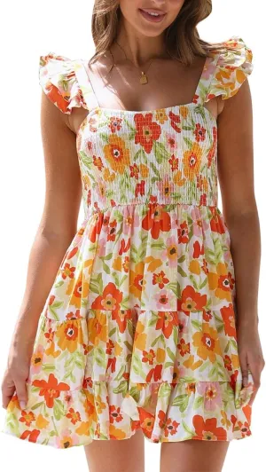 Ecosunny Womens Summer Dresses 2024 Sleeveless Floral Ruffle Smocked Elastic Waist Tiered Swing Flowy Mini Dress