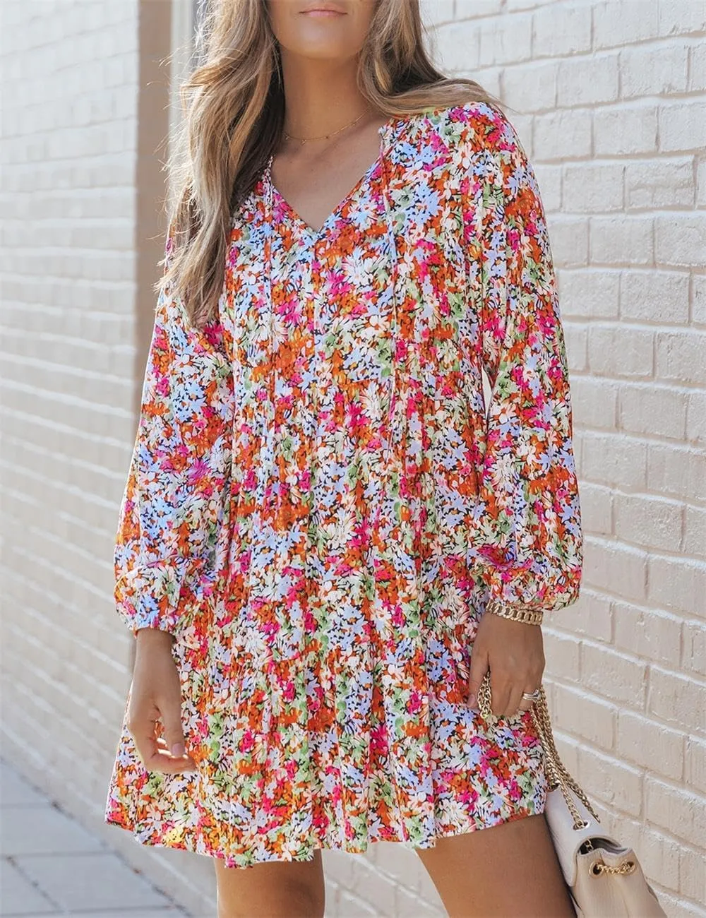 Ecosunny Women's Tie V Neck Floral Print Dress Ruffle Casual Loose Beach Dress Long Sleeve Swing Mini Dress