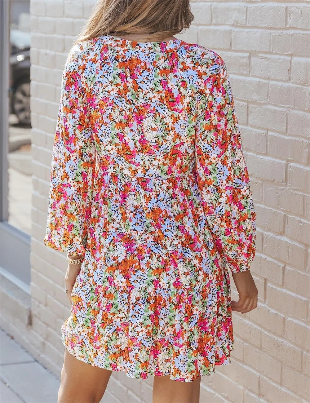 Ecosunny Women's Tie V Neck Floral Print Dress Ruffle Casual Loose Beach Dress Long Sleeve Swing Mini Dress