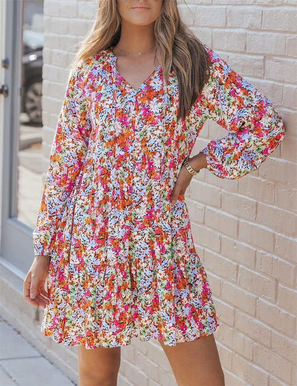 Ecosunny Women's Tie V Neck Floral Print Dress Ruffle Casual Loose Beach Dress Long Sleeve Swing Mini Dress