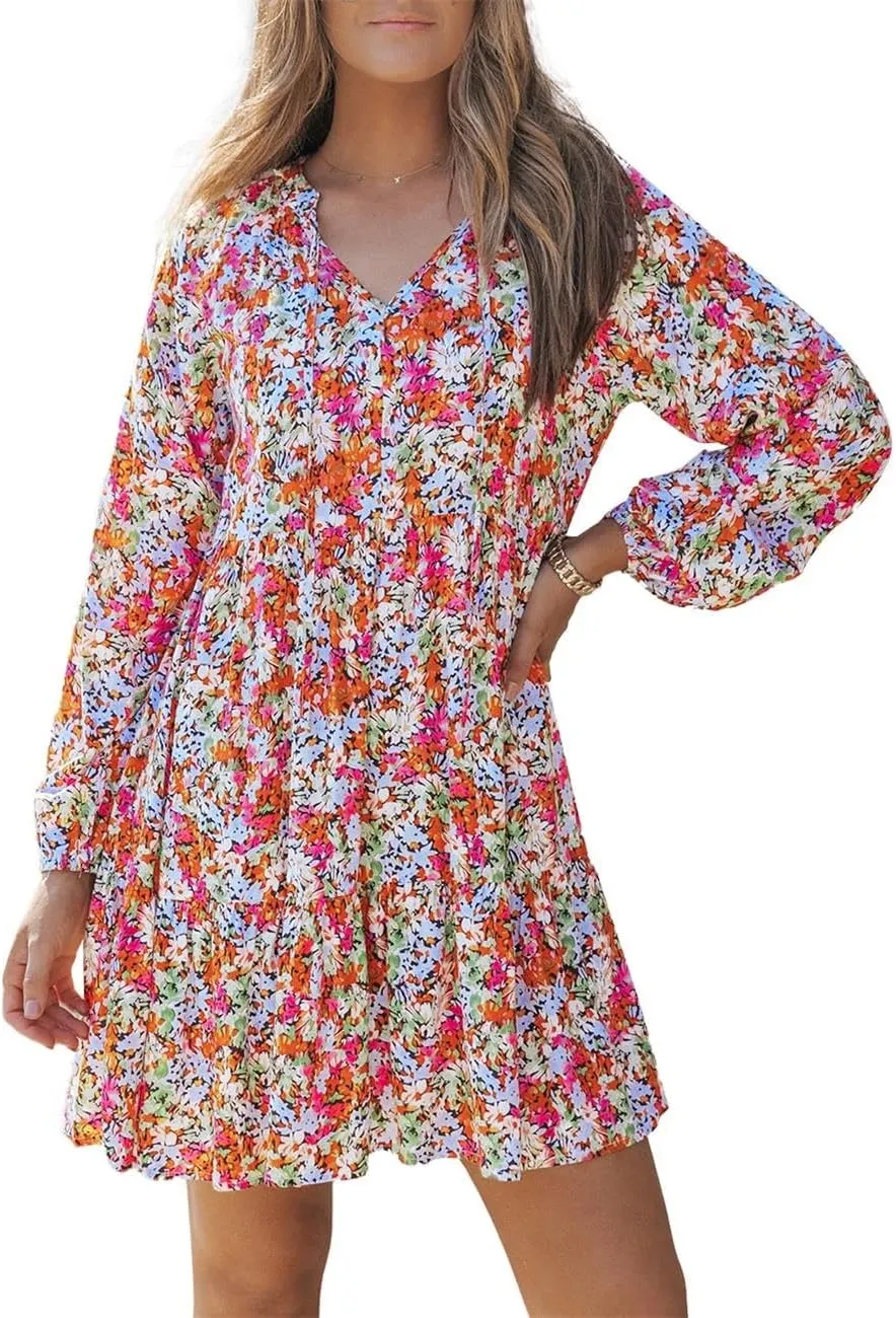 Ecosunny Women's Tie V Neck Floral Print Dress Ruffle Casual Loose Beach Dress Long Sleeve Swing Mini Dress