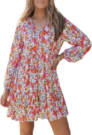 Ecosunny Women's Tie V Neck Floral Print Dress Ruffle Casual Loose Beach Dress Long Sleeve Swing Mini Dress