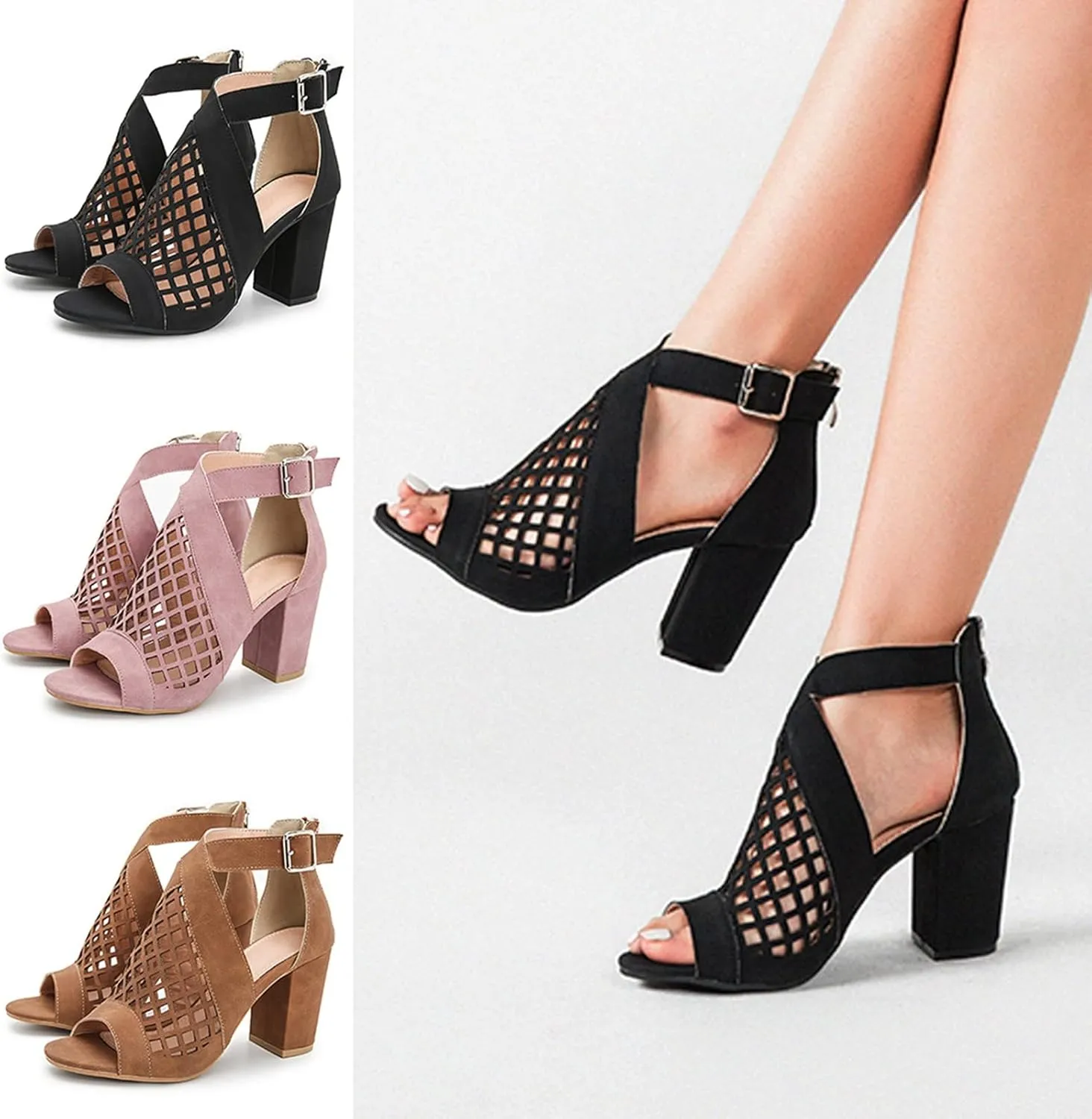Eduavar Womens Sandals Comfortable, Sandals Women Heel Sandals with Zip Up Dressy Breathable Hollow Out Sandals Shoes