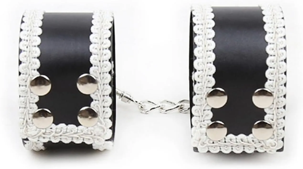 Elegant Black Leather and Lace Ankle Bracelets - Adjustable Hidden Buttons, Perfect Props for Women's Cosplay and Bar Performance