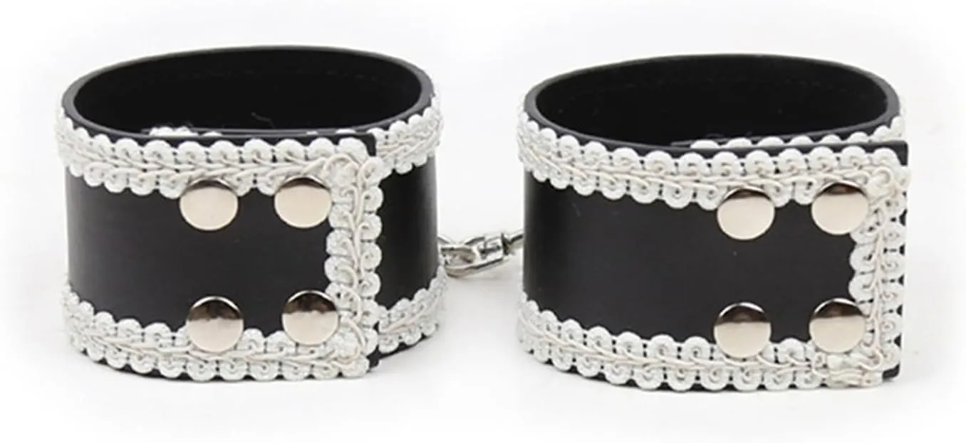 Elegant Black Leather and Lace Ankle Bracelets - Adjustable Hidden Buttons, Perfect Props for Women's Cosplay and Bar Performance