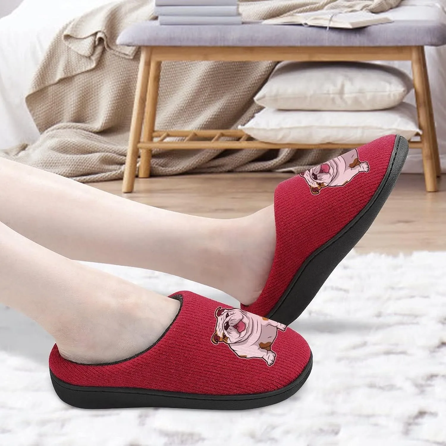 English Bulldog Cute Women's Knitted Cotton Slippers Soft Comfort Warm House Casual Shoes