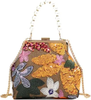 Evening Clutch Purses for Women Sequin Embroidery Handbags Flowers Shoulder Bag for Wedding Party Cocktail Prom(Orange1)