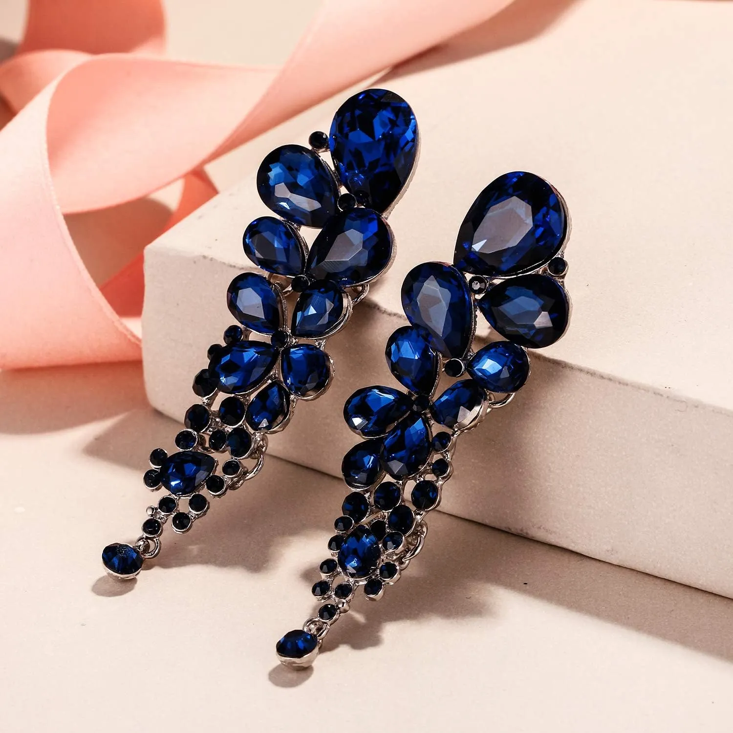 EVER FAITH Women's Austrian Crystal Gorgeous Tear Drops Wedding Dangle Clip-on Earrings