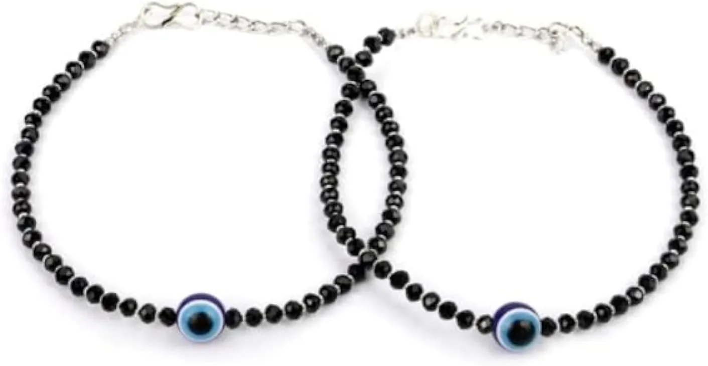 Evil Eye Bracelet/Anklets Layered Amulet Nazar for Women - Minimalist Jewelry - Silver & Black Glass Beads - Evil Eye Anklet Bracelet for Women Handmade Ankle Bracelets for Men