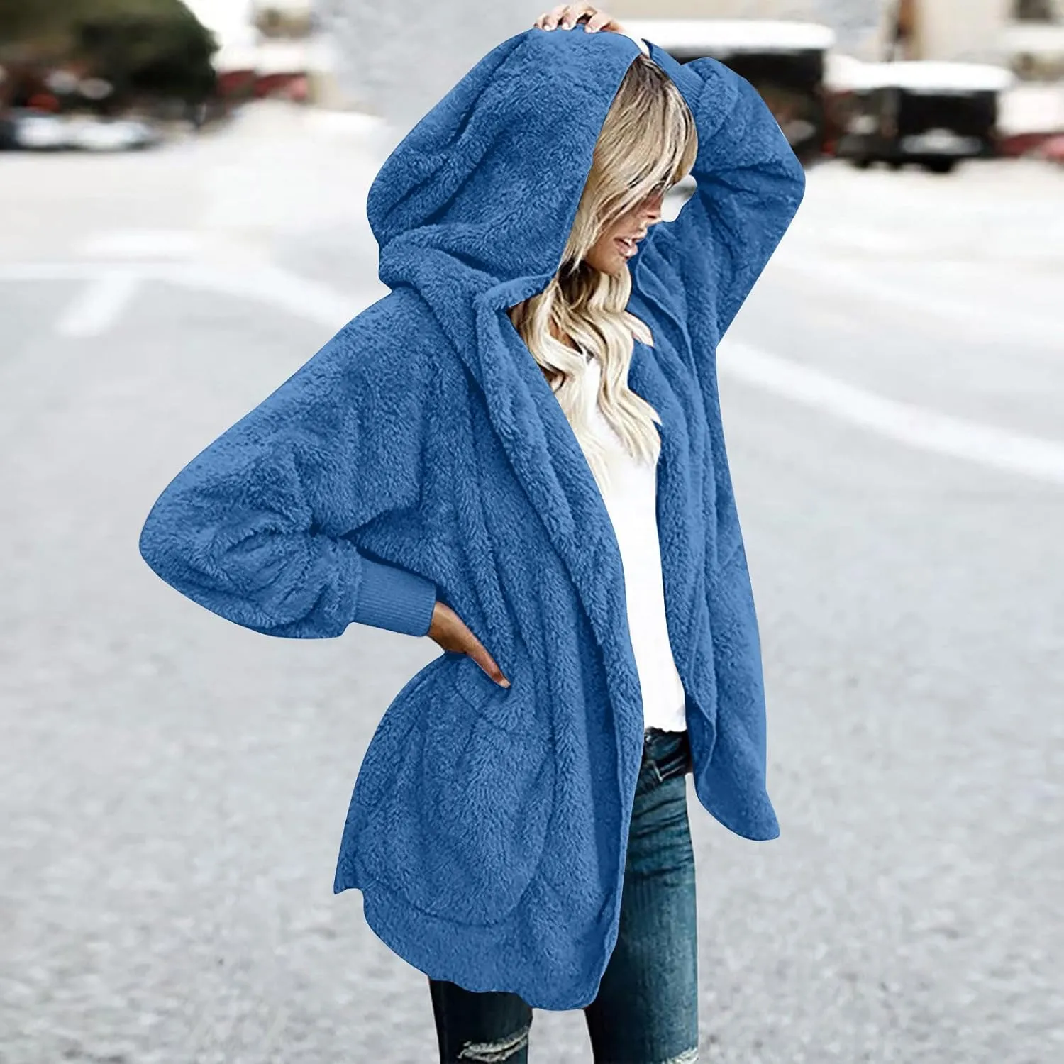 fartey Womens Oversized Fleece Jackets Zip Up Long Sleeve Hoodies Comfy Soft Fuzzy Sherpa Coats Outerwear with Pockets