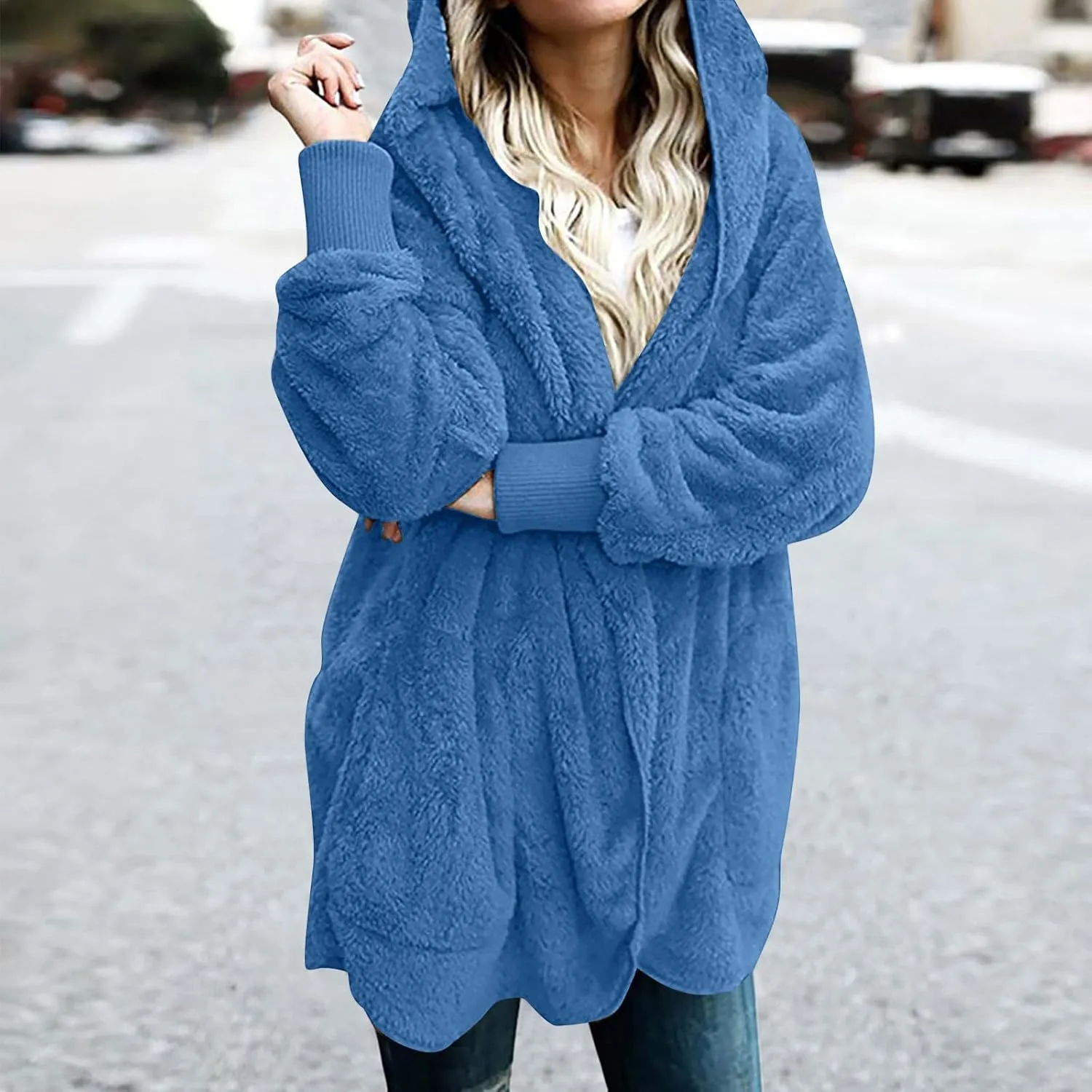 fartey Womens Oversized Fleece Jackets Zip Up Long Sleeve Hoodies Comfy Soft Fuzzy Sherpa Coats Outerwear with Pockets